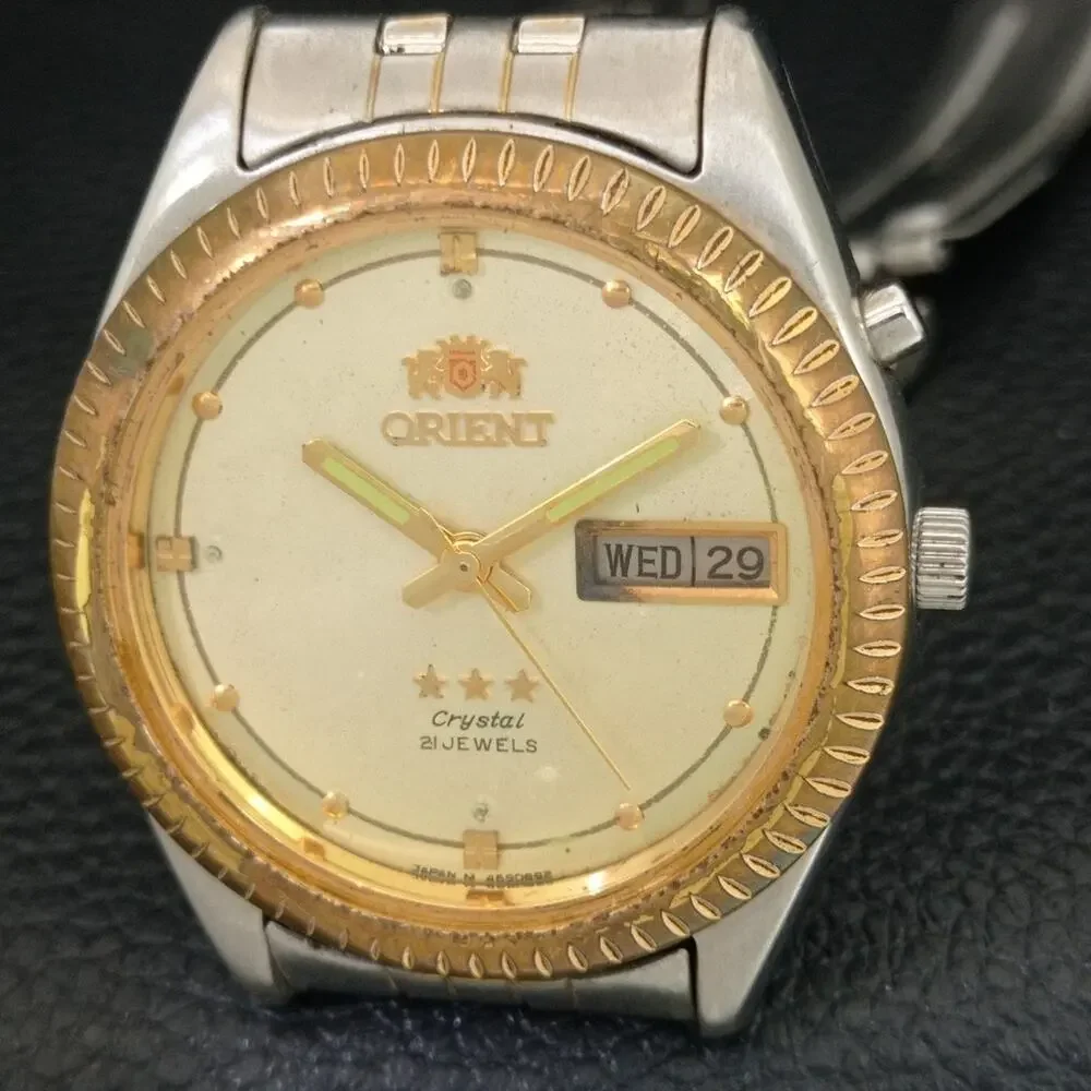 Vintage 1989 Orient Automatic Mens Silver Watch W/daydate & Gold accents